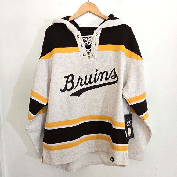 New Boston Bruins '47 Brand Centennial Early Years Script Lacer Hoodie Size L - Picture 2 of 13